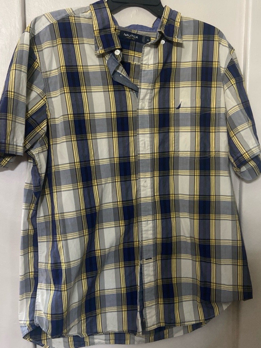 Nautica Men's Blue, Yellow and White Plaid Short Sleeve Button-Down Shirt